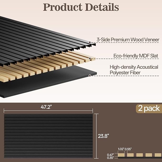 2 Pack Wood Panels for Wall, 47.24" x 23.81" Acoustic Wood Slat Wall Panel for - Image 2