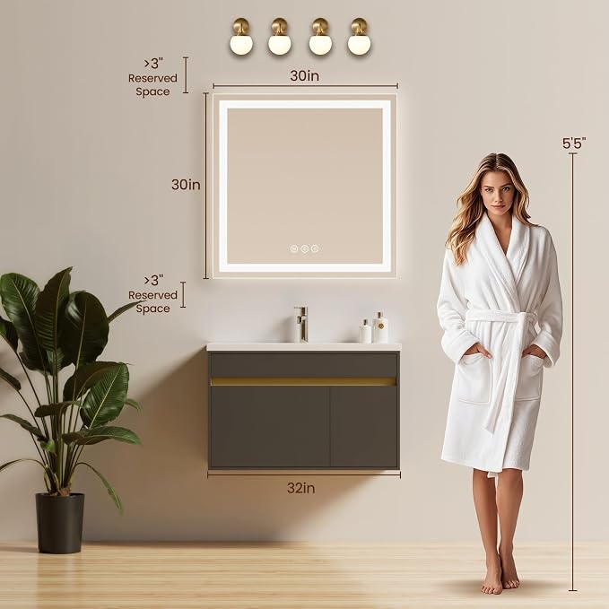 30x30 LED Bathroom Mirror with Lights, Backlit + Front Lit, Lighted Bathroom - Image 6