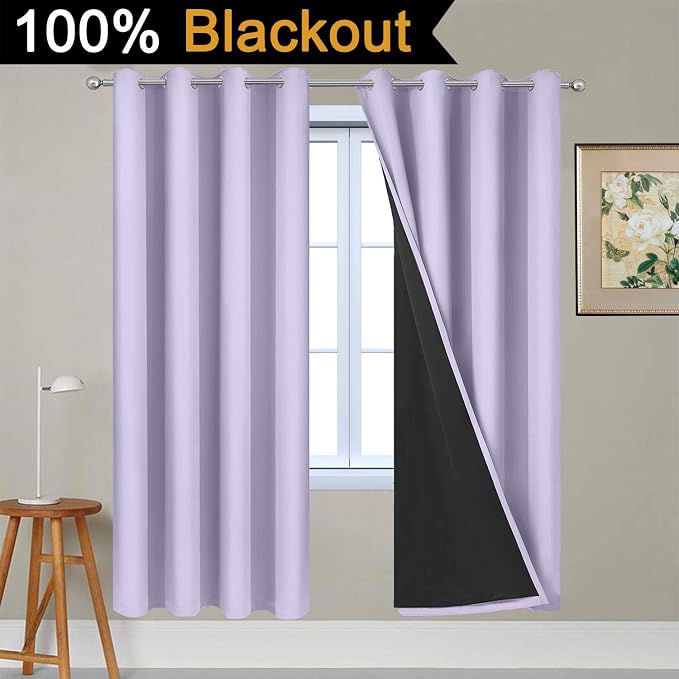 Yakamok Lilac 100% Blackout Lined Curtains, 2 Thick Layers Completely Blackout - Image 2