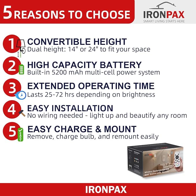 IRONPAX Wall Sconces Battery Operated Set of 2, Wireless Rechargeable Wall - Image 7