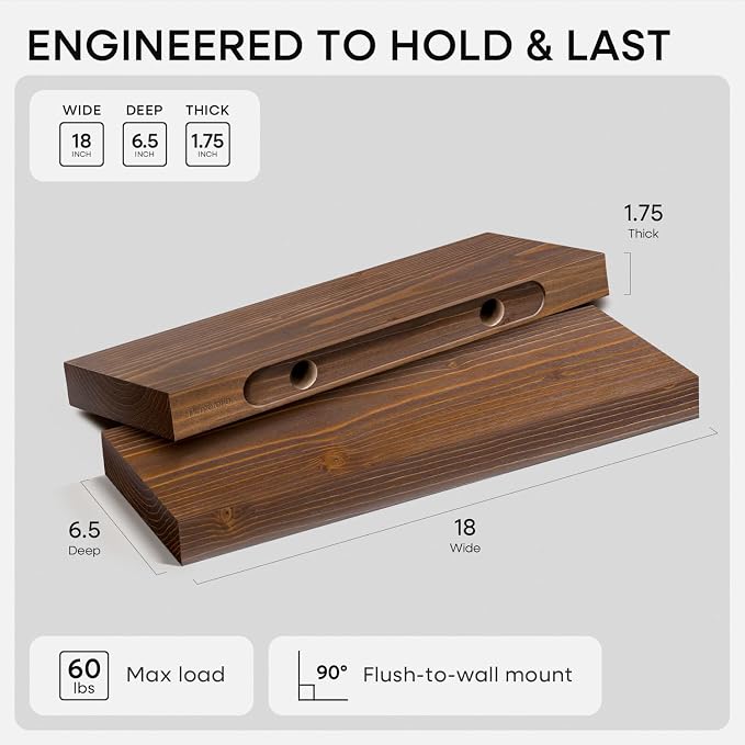Homeforia Classic Walnut 18 inch Floating Shelf, High End Solid Real Wood Small - Image 2