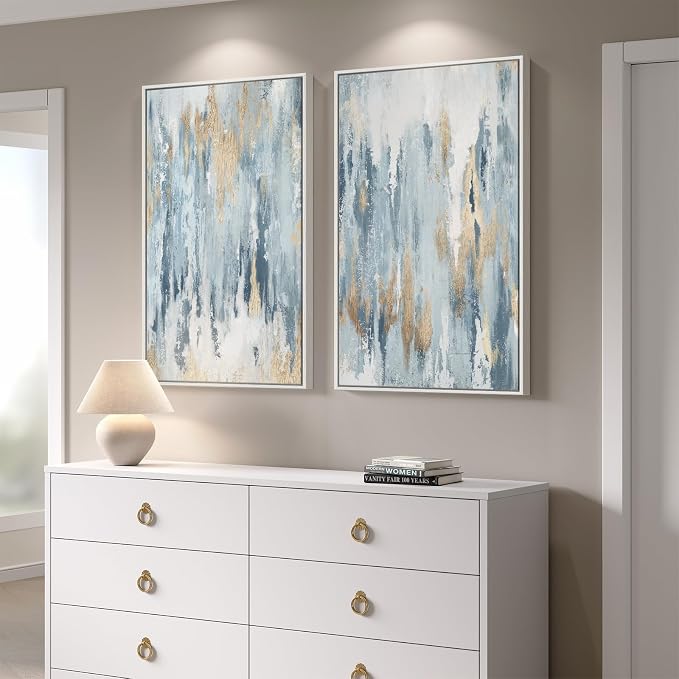 Large White Framed Blue and Gold Abstract Canvas Wall Art - Image 2