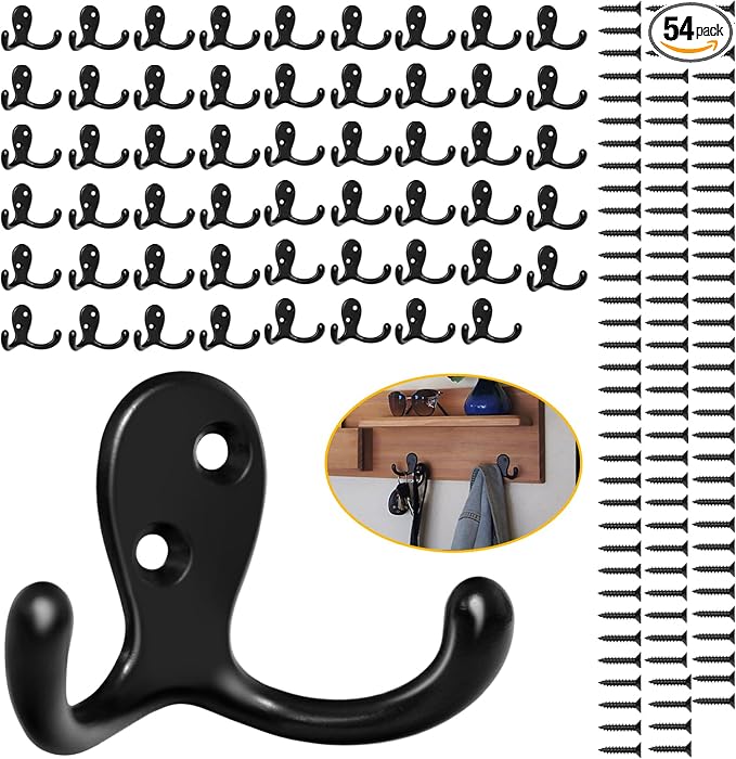 Homanu 54 Pack Coat Hooks, Heavy Duty Double Prong Coat Hooks Wall Mounted by Homanu