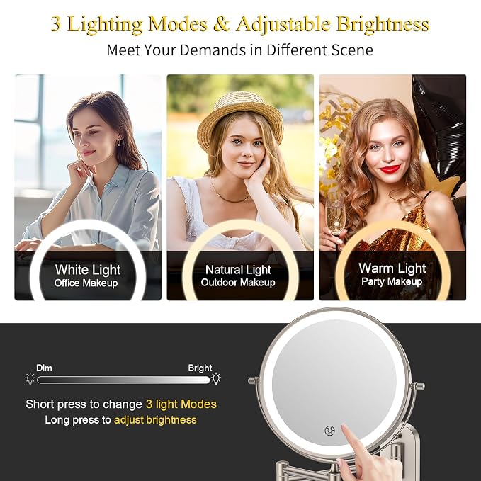 FUNTOUCH 3X/20X Wall Mounted Lighted Makeup Mirror, 5000mAh Rechargeable Double - Image 4