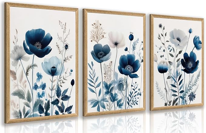 LLEEMPI Navy Blue Floral Wall Art Set of 3, Modern Wildflower Wall Decor by Unknown