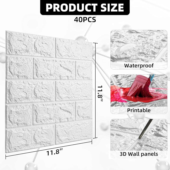 40 PCS 3D Wall Panels Peel and Stick Faux Foam 11.8"*11.8" White Brick Wallpaper - Image 2