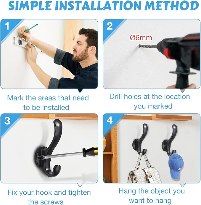 6 Pack Coat Hooks Wall Mount Heavy Duty Utility Retro Double Hooks - Image 5