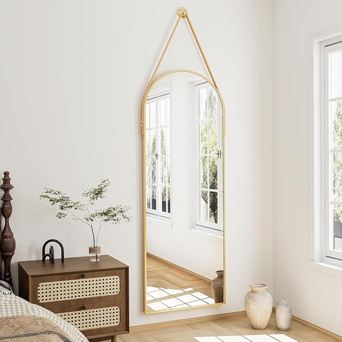 16"x48" Hanging Mirror with Leather Strap, Arched Full Length Mirror with by TinyTimes