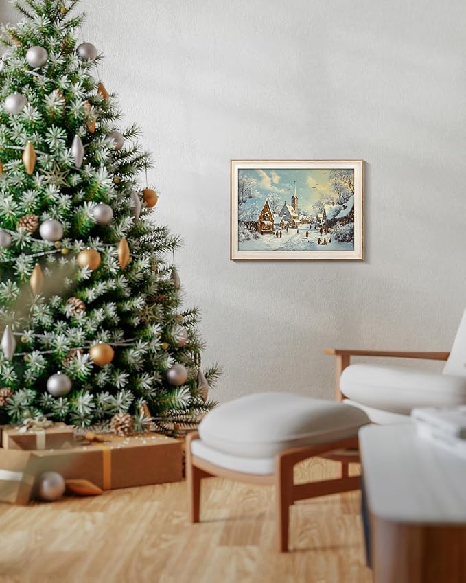VIYYIEA Winter Framed Wall Art for Living Room, Snow Village Canvas Prints - Image 6