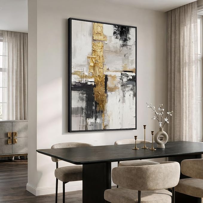 Extra Large Framed Black and White Gold Abstract Wall Art - Image 3
