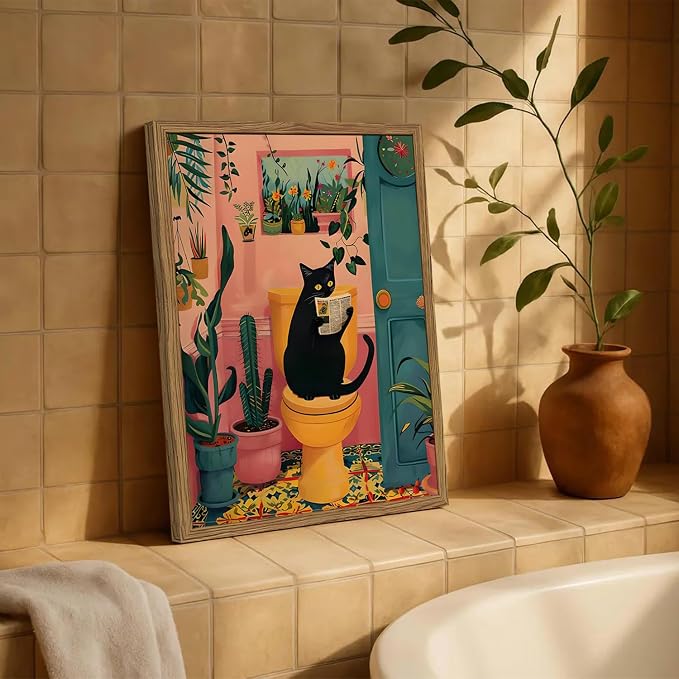 Funny Black Cat Bathroom Wall Art Whimsical Cat Reading Newspaper on Toilet - Image 5