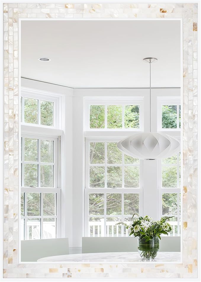 Wall Mounted Mosaic Mirror 30x40 Inch, Natural Mother of Pearl Inlay White by DUQIMOWALLMIRRORS