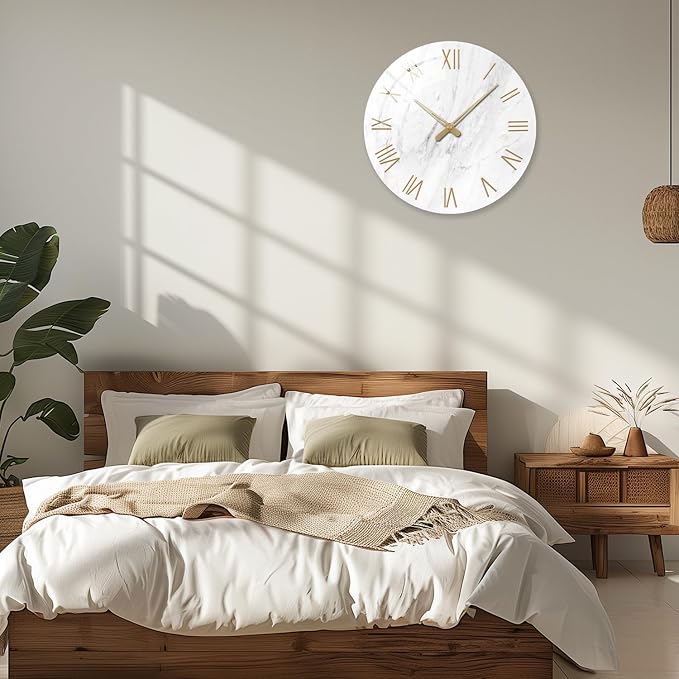 Large White Marble Wall Clocks Battery Operated 20 Inch Modern Analog Glass - Image 3