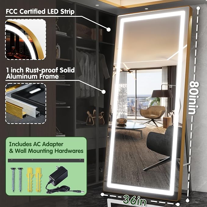 FENNIO Full Length Mirror with Lights, Wall Mounted Hanging Mirror with Lights - Image 2