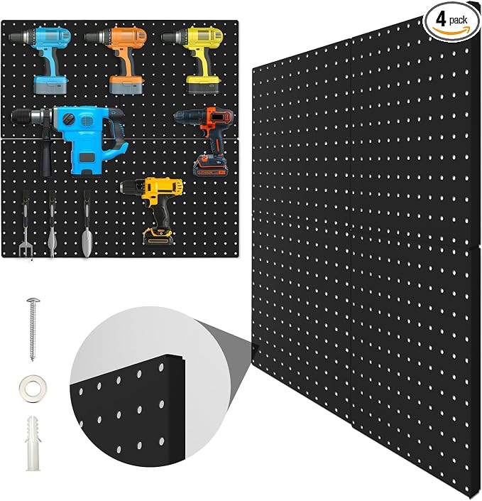 Peg Board, 4 Pack Metal Pegboard Panels Black Pegboards Wall Organizer by Hogurity