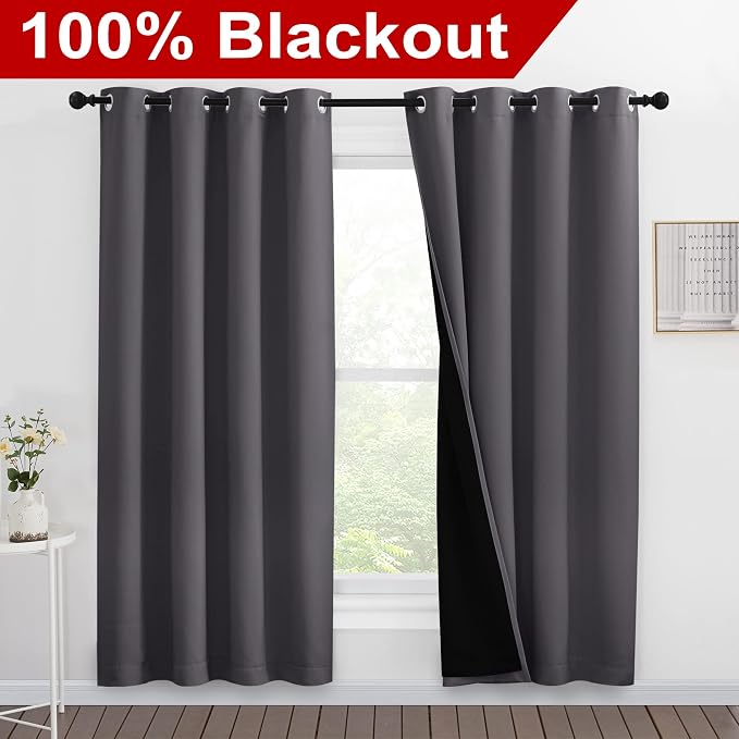 NICETOWN Grey Full Shade Curtain Panels, Pair of Energy Smart & Noise Blocking - Image 2