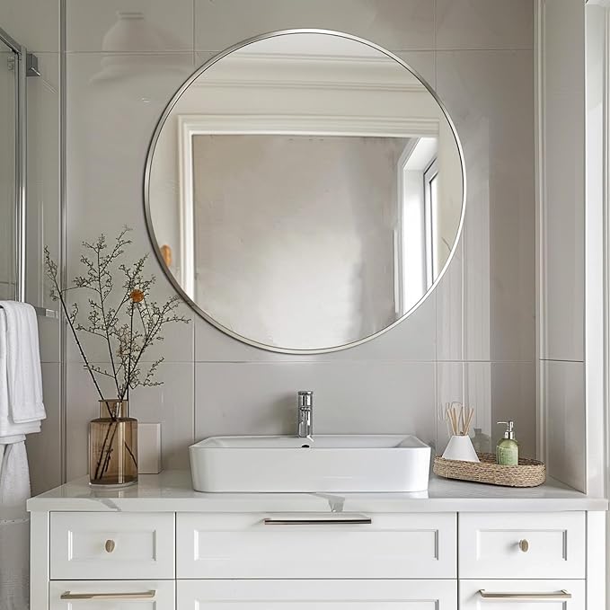 Sunniry Silver Round Mirror 30 inch, Round Bathroom Mirror, Circle Wall Mirrors - Image 3