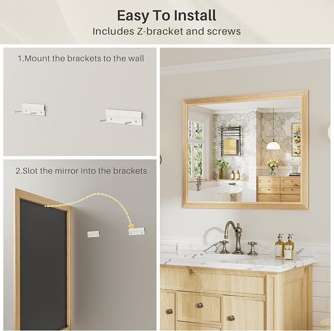 48x36 Inch Bathroom Mirror for Wall, Anti-Rust Oak Wood Grain Metal Framed - Image 5