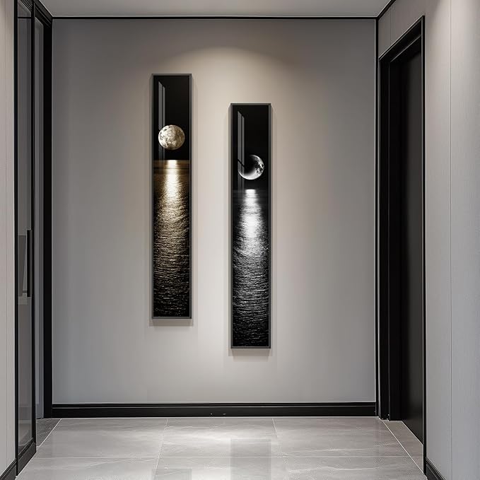 Framed Long Narrow Vertical Moon Wall Art Set of 2, Modern Black White Gold by Cuspin