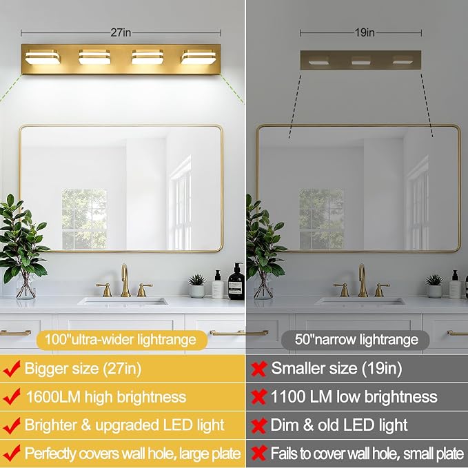 360° Rotate LED Bathroom Vanity Light Fixtures, 1600LM Acrylic Gold Vanity - Image 4