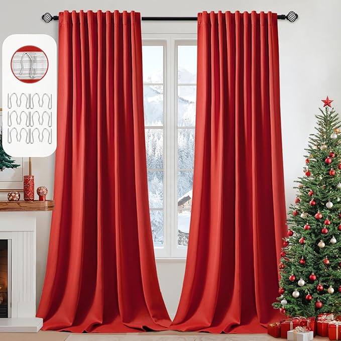 MIULEE Christmas Red Back Tab Blackout Curtains 102 Inch Long 2 Panels Set by MIULEE