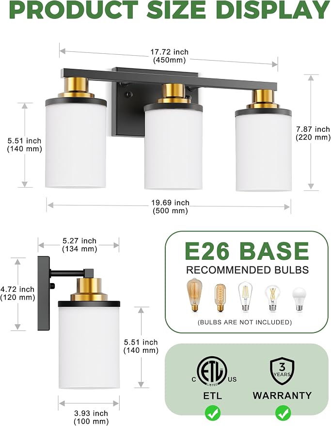 DORESshop Black and Gold Vanity Light, 3-Light Bathroom Light Fixture Over - Image 6