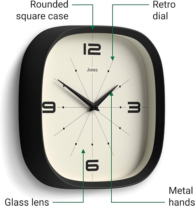 JONES CLOCKS® Pulsar wall Clock | Square Rounded Retro Clock | 10 inch | Black - Image 6