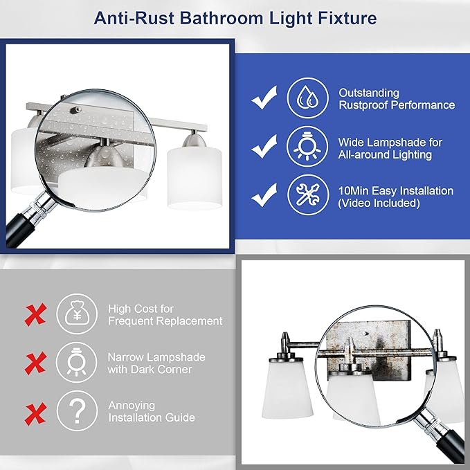 Bathroom Lighting Fixtures Over Mirror Brushed Nickel, Anti-Rust 3-Light - Image 2