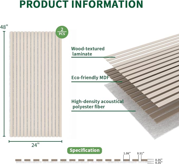Wood Slat Acoustic Panels, 2 Pack 47.2" x 23.6"/ 120 x60cm Wood Wall Panels - Image 3