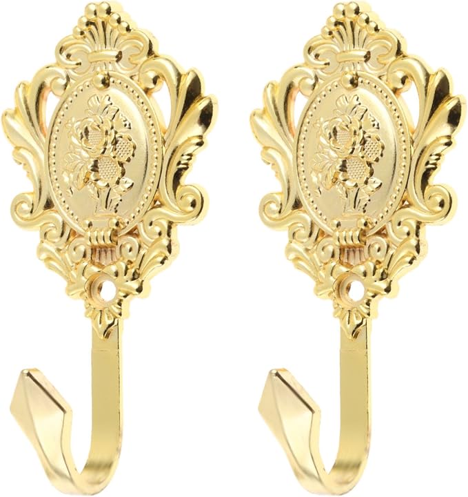 2Pcs Wall Hooks Gold Rose Pattern Carved Vintage Drapery Clothes Key Hook - Image 3