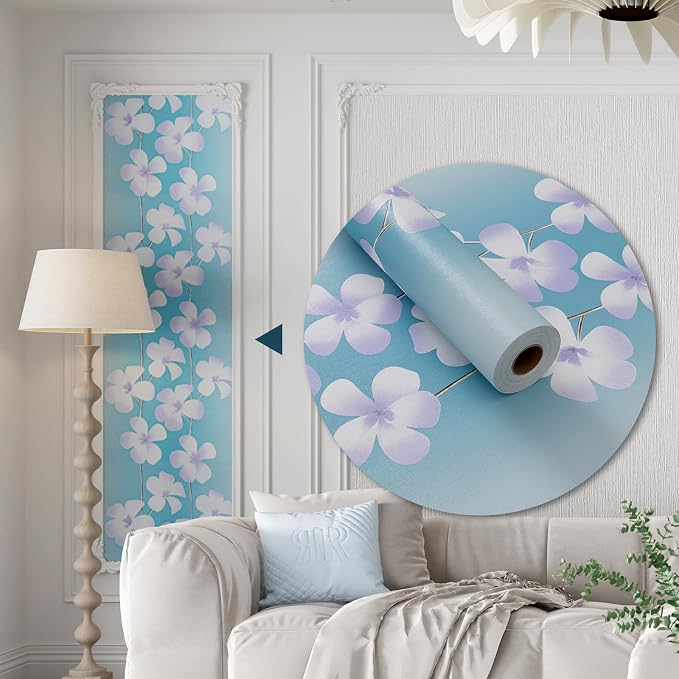 Blue Flora Peel and Stick Wallpaper 20.8"x394" Thick Slight Embossed Linen - Image 7