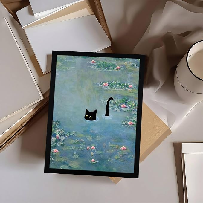 Fantasy Artists Monet Water Lilies Cat Wall Art, Framed Vintage Canvas Art Wall - Image 3