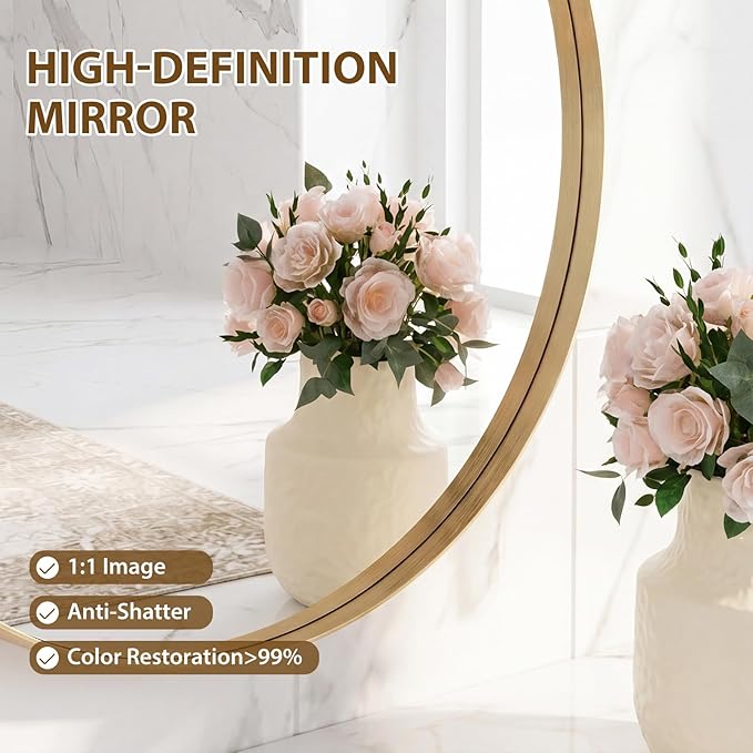 NEWBULIG 24-Inch Round Wall Mirror, Bathroom Wall Circle Mirror - Image 3