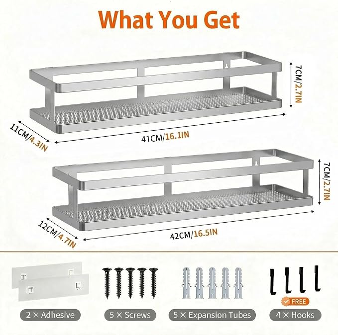 PUSDON 2-Pack 16.5" Extra Long Slim Shower Caddy, Adhesive Wall Mount Bathroom - Image 3