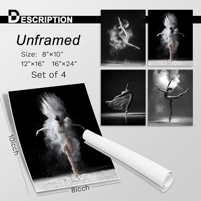NCYEL 4Pcs Black and White Ballet Wall Art Girl Dancing Canvas Prints Elegant - Image 2