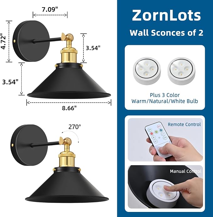 Battery Operated Wall Sconce Set of 2, Vintage Wireless Wall Sconces - Image 5