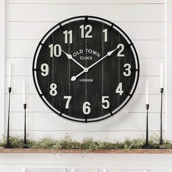 EMAX HOME Large Old Town Farmhouse Black Wall Clock 24 Inch Rustic Antique Wood by EMAXHOME
