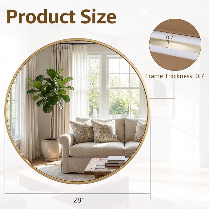 DUMOS 28 Inch Round Wall Mirror, Bathroom Mirror - Image 2