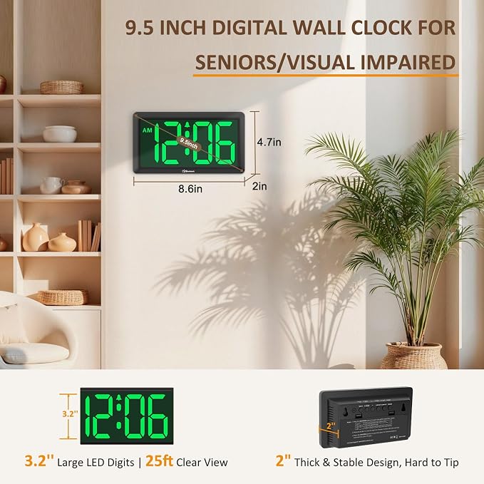Soobest 9.5 Inch Large Digital Wall Clock Battery Operated, Auto & Manual - Image 3