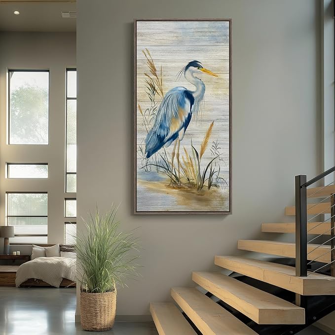 Framed Vertical Blue Heron Living Room Wall Art, Large Vintage Bird Picture - Image 2