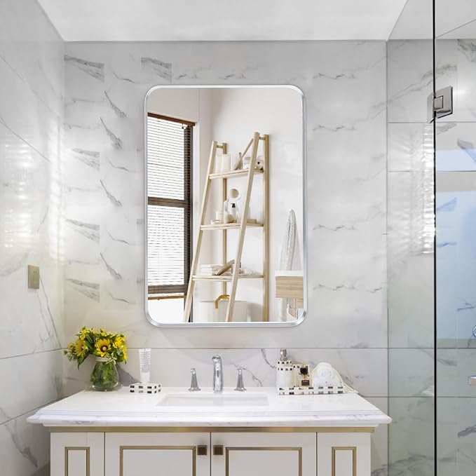 Wall Mount Mirror for Bathroom, Brush Silver Metal Framed Rounded Corner - Image 4