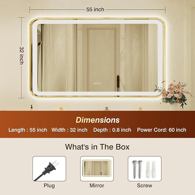 32x55 Inch Gold Framed LED Bathroom Mirror - Image 3