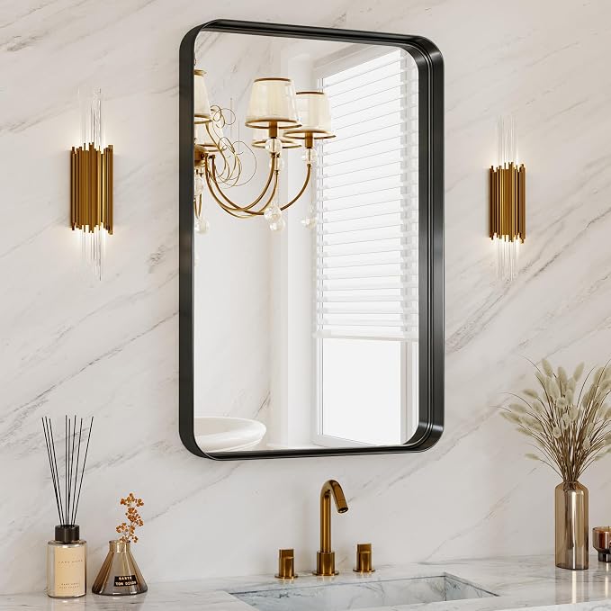Bathroom Mirror for Wall, 30x22 Inch Rectangle Mirror, Matte Black Metal Framed by MYSUNORIA