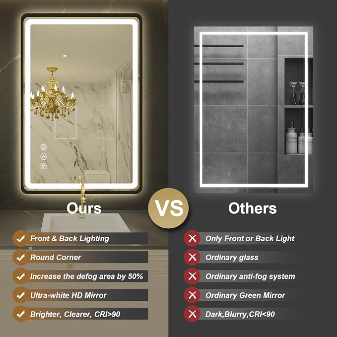 24"x36" Black Framed LED Bathroom Mirror, Lighted Wall Mounted Bathroom Mirror - Image 3