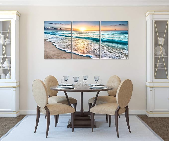 Wieco Art 3 Panels Blue Beach Sunrise White Wave Pictures on Canvas Wall Art - Image 4