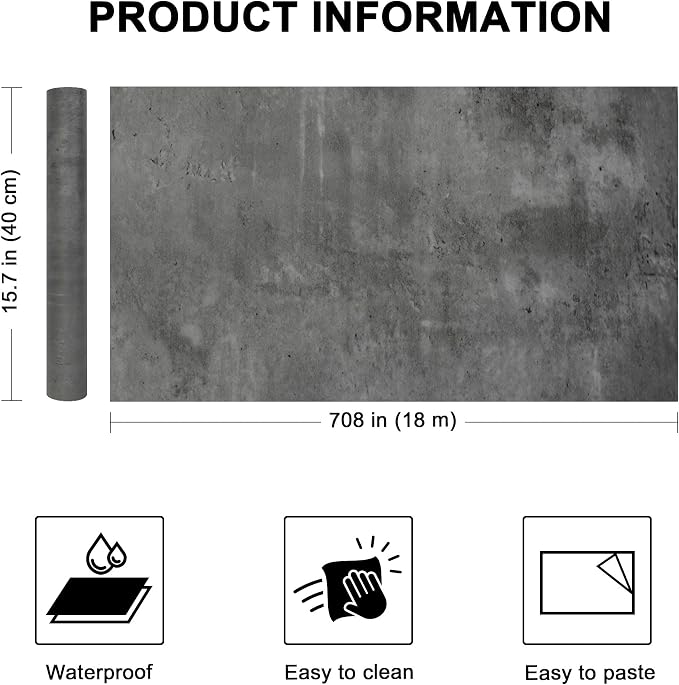 WADILE Black Gray Concrete Wallpaper 15.7 in * 708 in, Cement Contact Paper 3D - Image 2