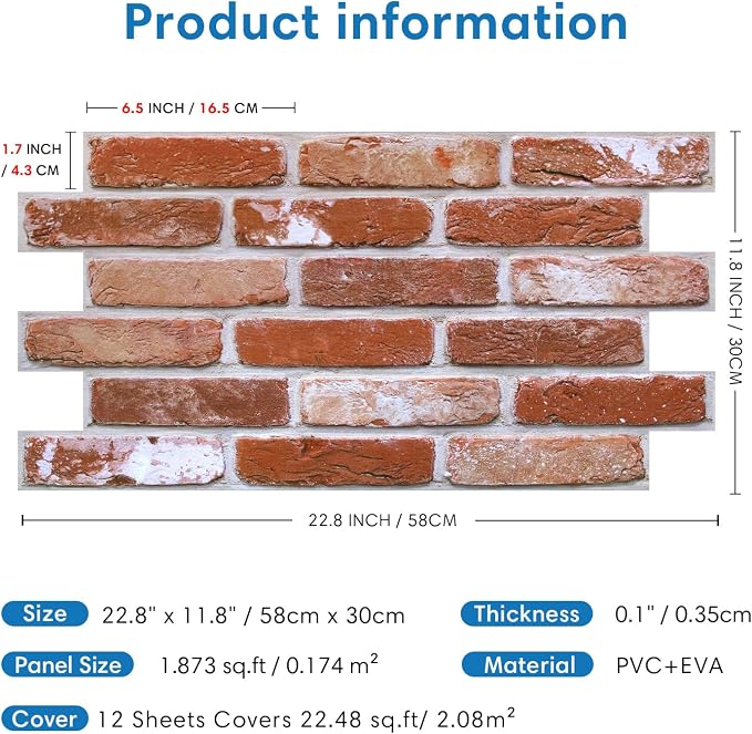 COMSTICKC 3D Red Faux Brick Wall Panel Peel and Stick Wall Covering, 3D Brick - Image 5