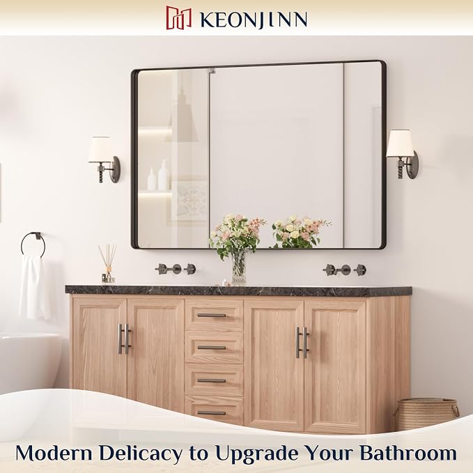 Keonjinn Black Bathroom Mirror 55 x 36 Inch Large Rounded Rectangle Mirror - Image 2