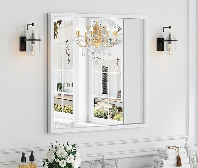 Syndra Square White Wood Frame Bathroom Mirror, Waterproof Slim Deep Frame by Syndra