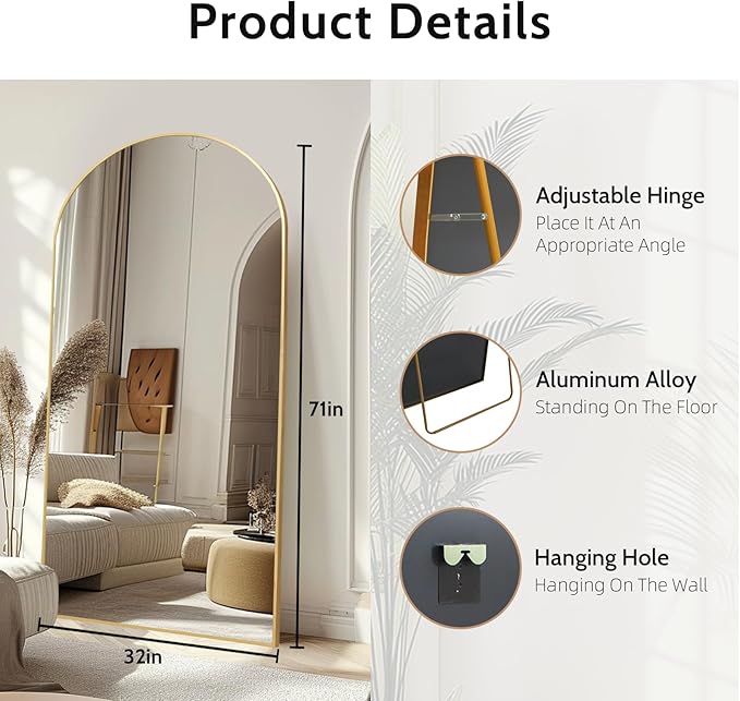 Beauty4U 71" x 32" Arched Full Length Mirror, HD Tempered Glass Floor Mirror - Image 2